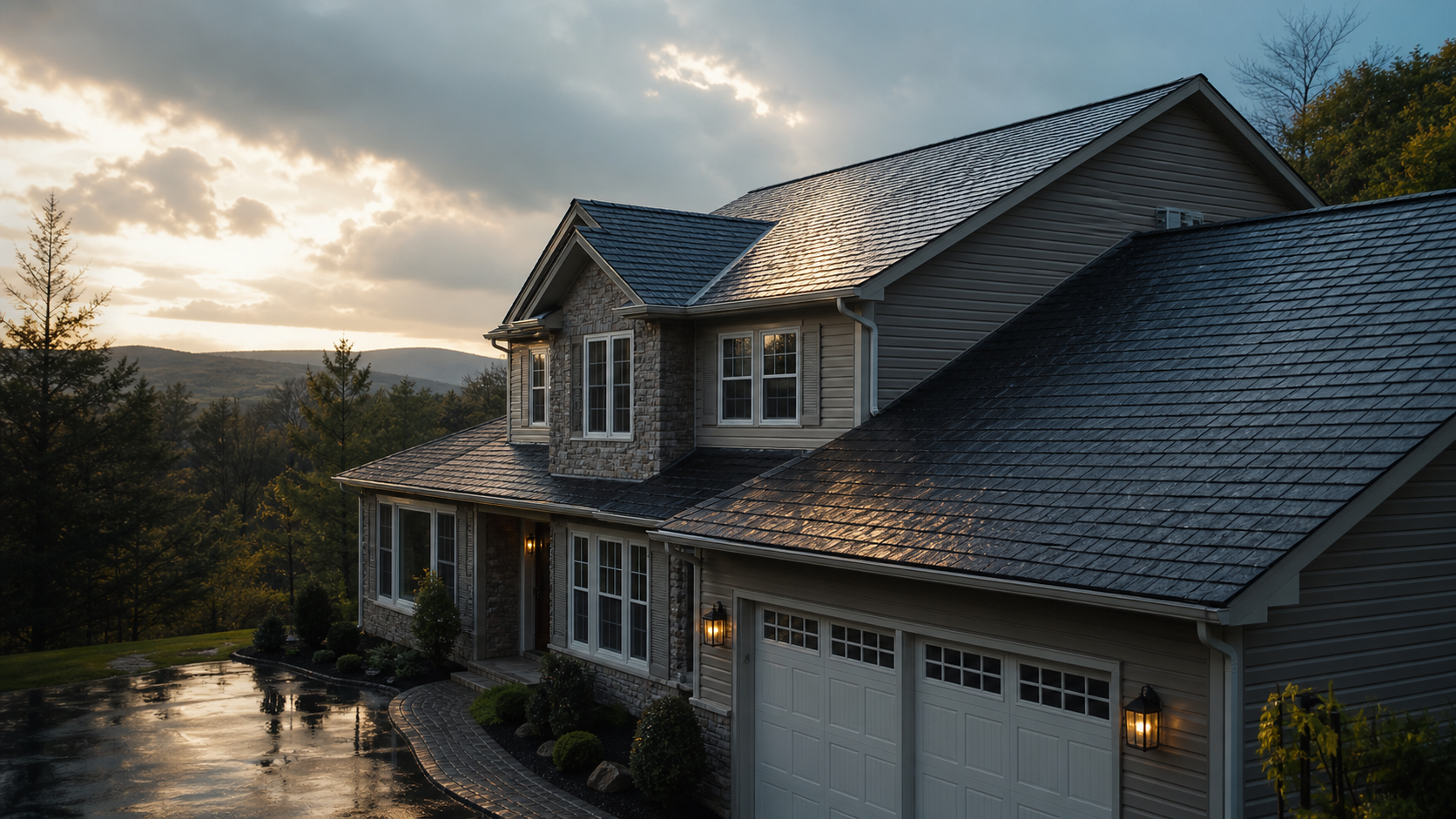 Generated concept image of a wet residential roofline after a storm.